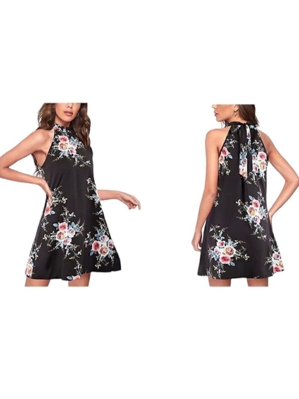 BUOYDM Women's Floral Print Halter Neck Mini Dress Medium